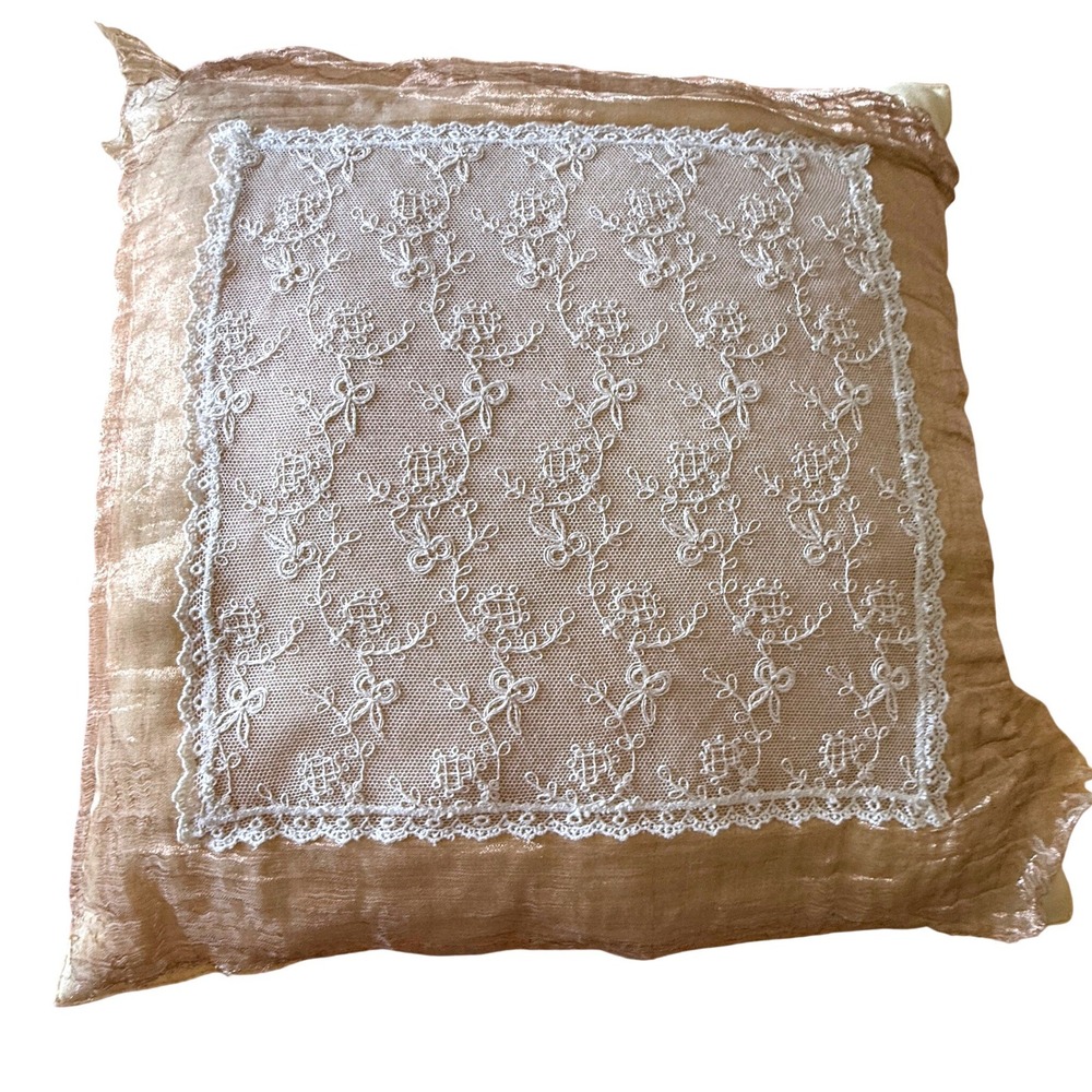 Indian Embroidered Lace Throw Pillow 90s Champagne Coquette Floral Cottagecore